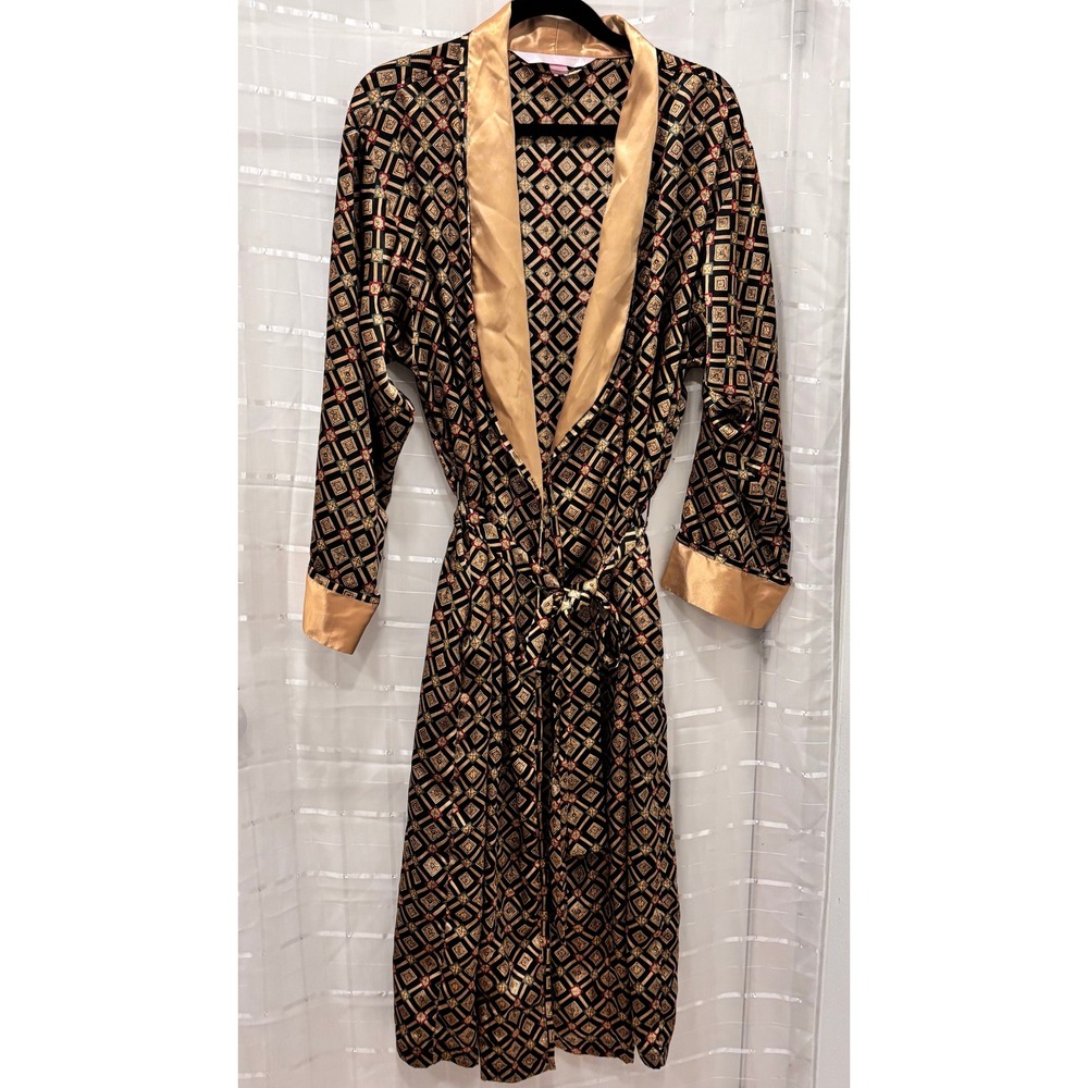 Victorias Secret Satin Robe Large Black Gold Geometric Diamond Print Long Wrap